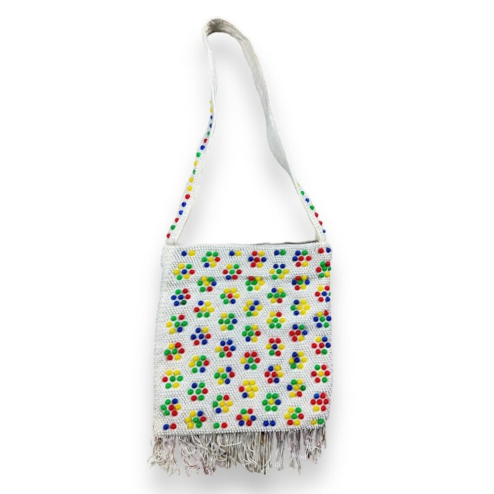 Vintage 60s/70s Plastic Candy Dot Purse Zipper Mod White Multicolor Fringe 9x10”